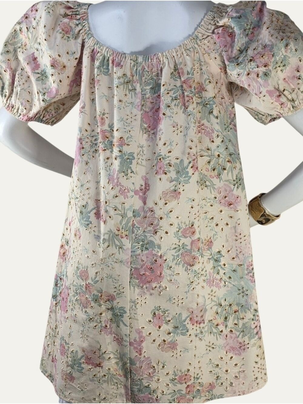 GeeGee Floral Eyelet Puff Sleeve Babydoll Dress Pockets Coquette NWT Small - Picture 8 of 14